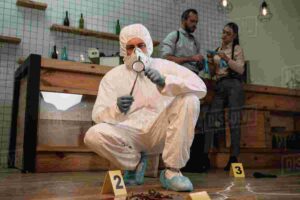 three persons performing forensic investigation of the case